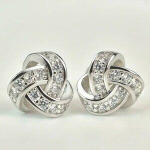 CZ and Silver Tone Bling Knot Stud Earrings #1456